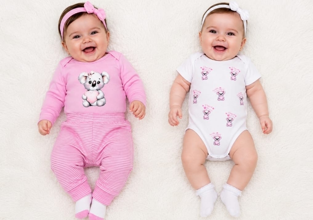 Bebês sorrindo vestindo body e conjunto rosa e branco da Groner Baby & Kids